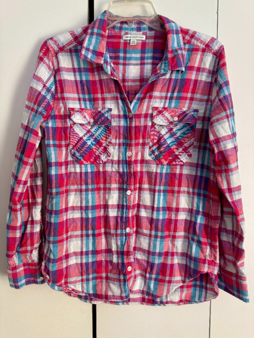American Eagle Women's Plaid Cotton Blend Button Up Shirt Long Sleeve Medium